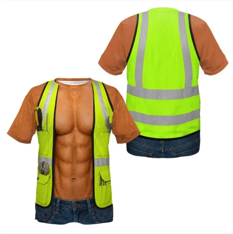 3D Print Fake Muscle Work Vest T‑Shirt Men Funny Construction Safety Graphic Novelty Tee Cosplay Party Attire Fitness T-shirt