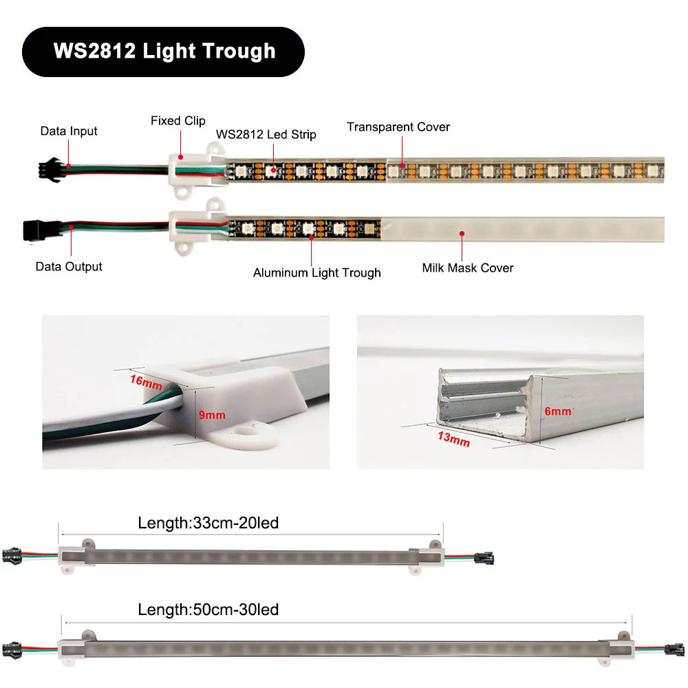 WS2812B LED Strip Rigid Bar Cabinet Light Individually Addressable RGB IC DC5V WS2812 U Profile Aluminum Shell PVC Cover 50/33cm