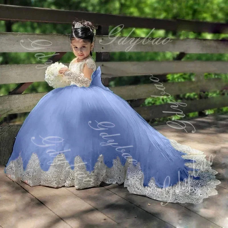 Maßgeschneidertes Prinzessinnen-Blumenmädchenkleid für die Hochzeit, lange Ärmel, Spitze, appliziert mit Schleife, Ballkleid für die Erstkommunion für Kinder