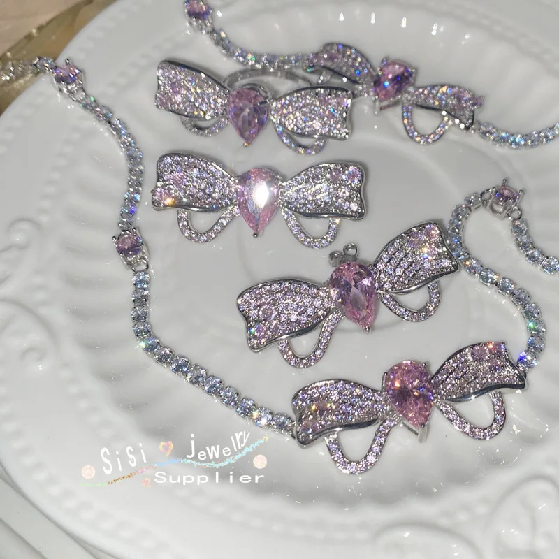 

ML-YSS Moissanite Style Sisi Rose Pink Bow Ring Women 18K Colour Plated Zirconia Chain Tassel Earrings Set