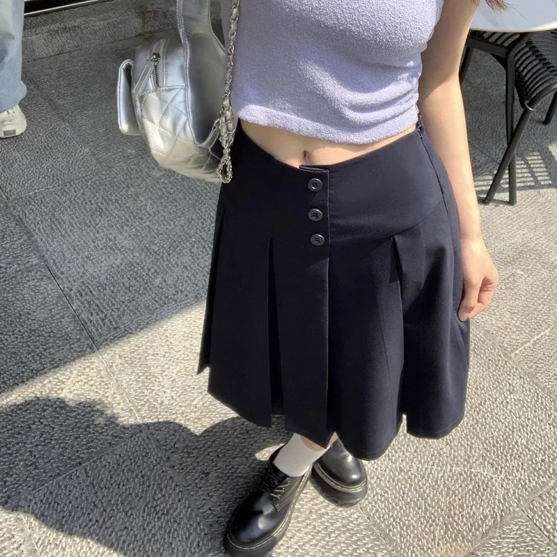 Women Mid Skirt High Waist A-Line Single Breasted Pleated Mid-length Skirt Preppy Style Dark Blue Office Summer Casual Skirts