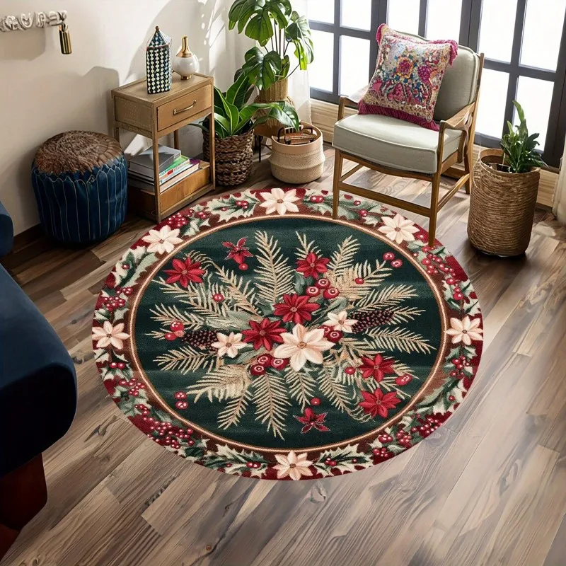 Christmas Poinsettia Round Rug Red Floral Holiday Circular Carpet Living Room Winter Home Decor Soft Bedroom Non-slip Area Rugs