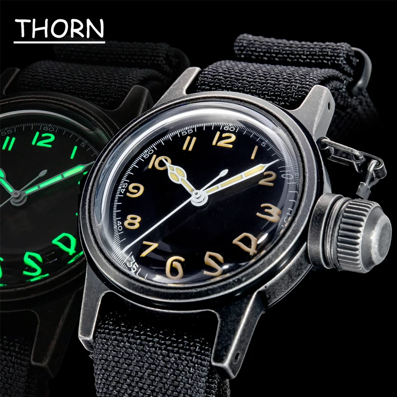 THORN PVD Watch For Men 36MM Diameter Retro Men Military Watch NH35 Movement Automatic C3 Super Luminous 200M Waterproof