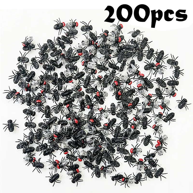 200Pcs Realistic Fake Flies Plastic Simulated Insect Fly Bugs Model Joke Compulsive Toys Prank Halloween Party Favors