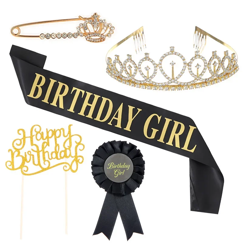 European and American Birthday Party Birthday Costumes Girls Cute Items Crown Ceremony Belt Brooch Cake Insert Badge 5-piece Set