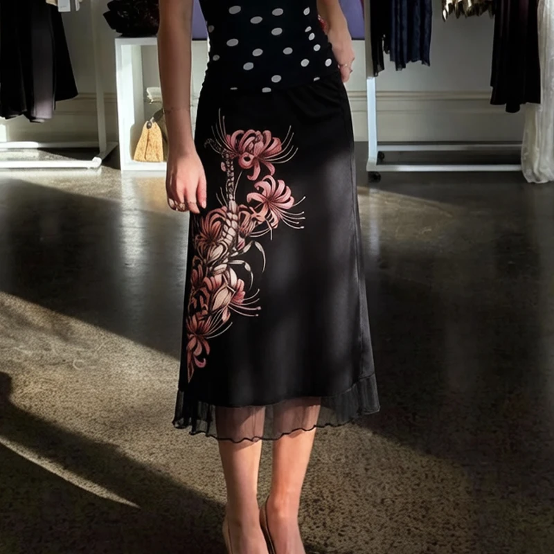 Summer American 90S Vintage Harajuku Street Casual Commuter Basic Skirt Flower Pattern Tulle Stitching Women Knee Length Skirt