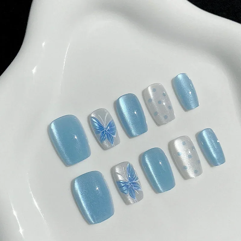 

10pcs Handmade Fake Nail Tips Datachable Butterfly Cat's Eye False Nails Art Simple Blue Short Square Manicure Press on Nails