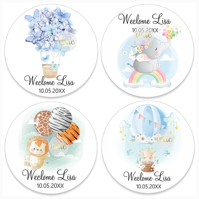 Custom Welcome New Born Baby Hot Air Balloon Animals Birthday Party Labels Favors Sticker Baby Shower Personalise Travel Sticker