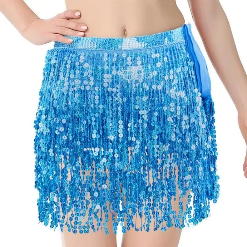 Azure Sequin Tassel Skirt Wrap Belly Dance Sparkling Skirts Fringe Hip Scarf for Festival