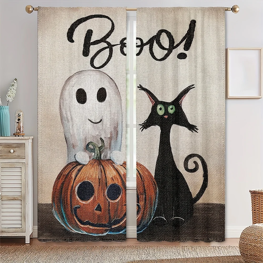 

Halloween Lovely Ghost Funny Pumpkin Black Cat Window Curtains For Kids Bedroom Living Room Bathroom Kicthen Door Hall 2pieces