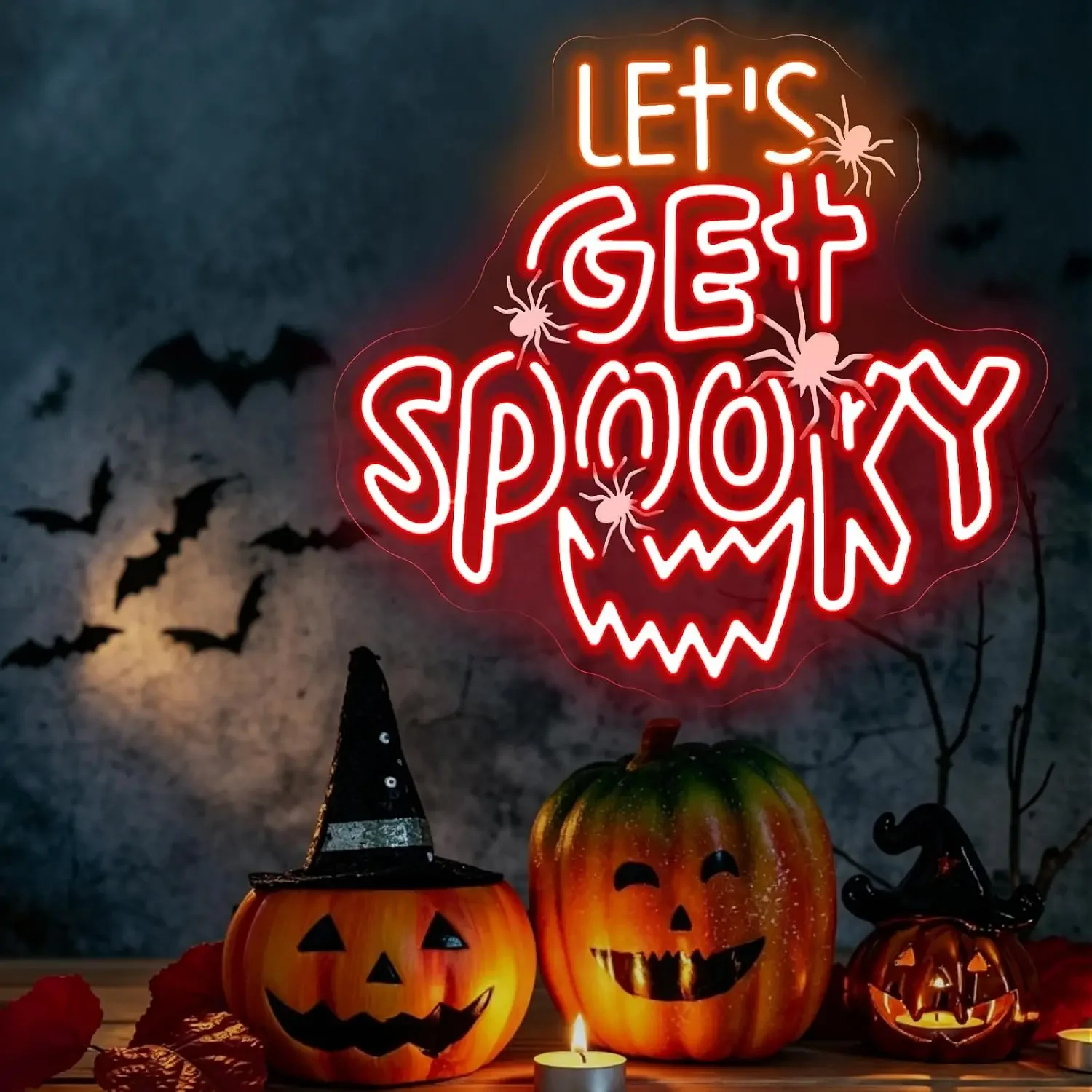 Lets Get Spooky Neon Sign USB LED Neon Light Halloween Party Gaming Room Door Porch Bedroom Aesthetic Decor Night Light Gift