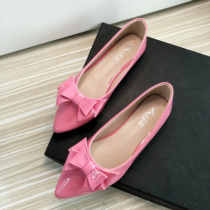 Women Flats Wedding Shoes Pink Cherry Red Pointed Casual Shoes Female Summer Spring Slip on Bowknot Flat Heel Ballet Shoes 33-43