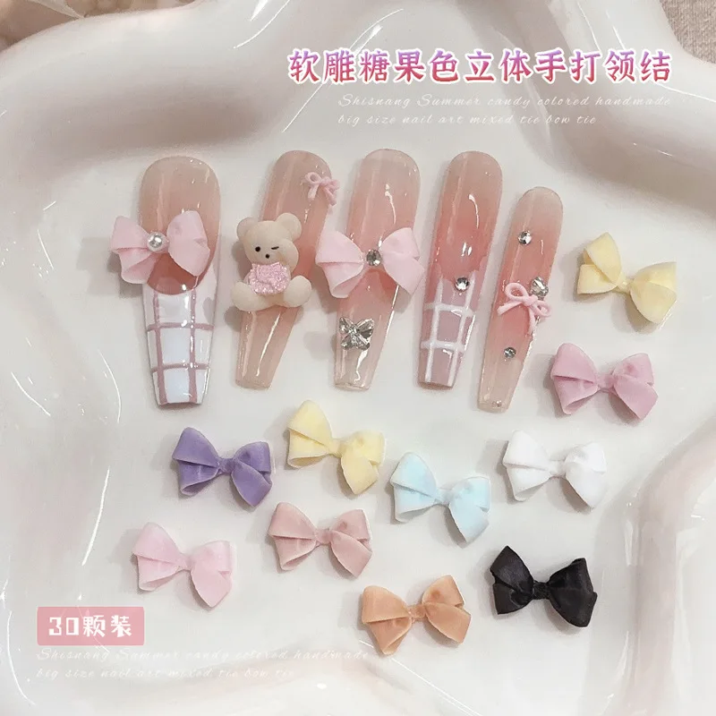 30PCS 3D Kawaii Candy Colorful Bow Tie Bowknot Soft Carving Resin Nail Art Rhinestones Decorations Manicure Beautiful Ornaments