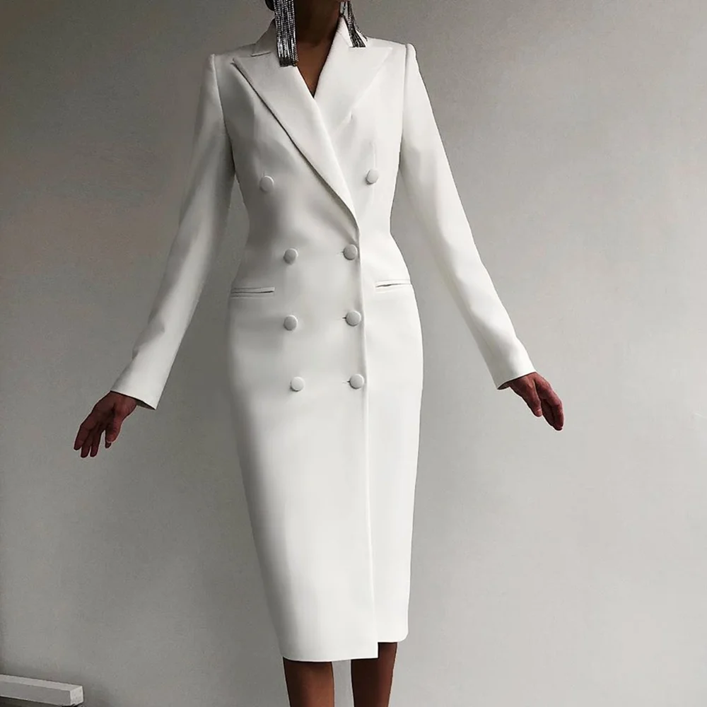 White Women Jacket One Piece Elegant Office Lady Formal Casual New In Outerwears Fashion Basic Double Breasted Tea-Length Coat