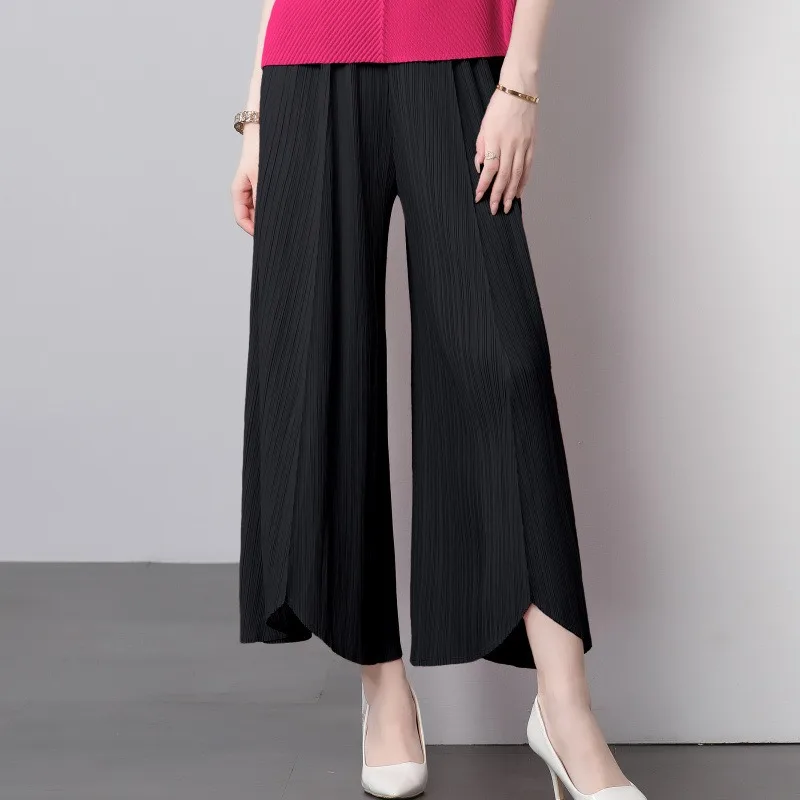 Miyake Pleated Pant 2026 Summer New Casual Loose Elegant Nine-Point Wide-Leg Flared Pants Women Draped Elastic Trousers Clothing