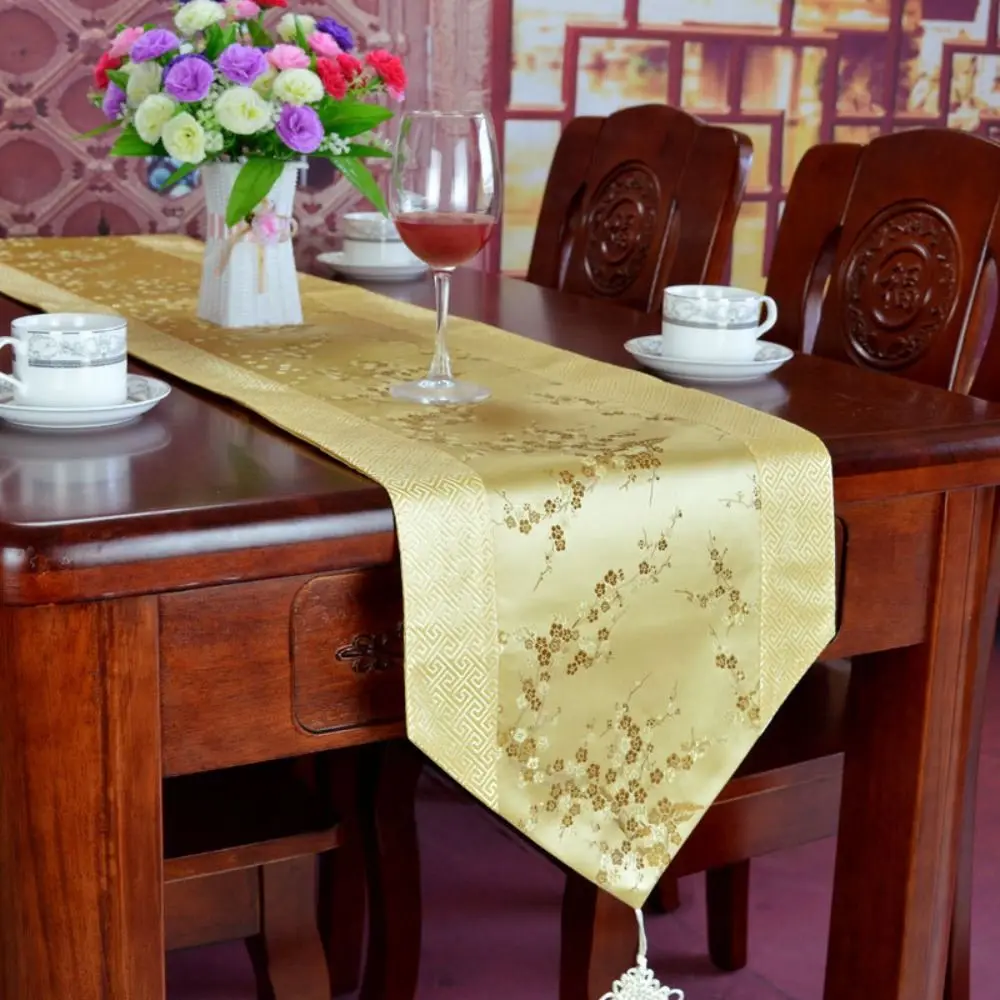 Smooth High-end Satin Wedding Embroidery Tea Ceremony Table Decoration TableCloth Table Cover Table Runner