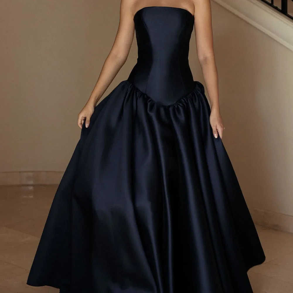 

Customized Satin A-Line Evening Dress Strapless Floor Length Sleeveless Black Panel Train Fashion Bespoke Occasion Gowns