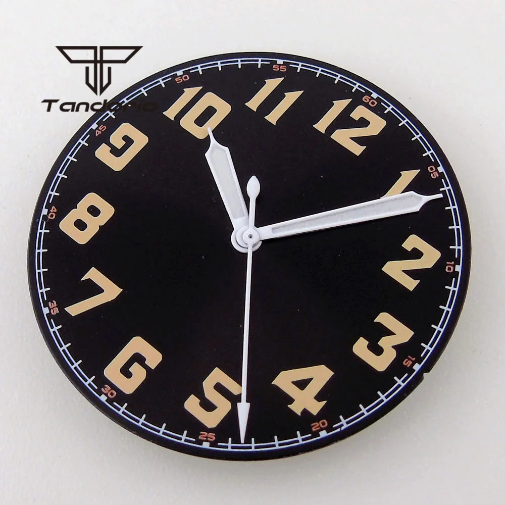 tandorio 33,5mm Schwarz Uhr Zifferblatt Hände Orange/Weiß Marks Grün Leuchtende Fit NH35A NH36A ETA2824 2836 PT5000 ST2130 Automatische bewegung 10