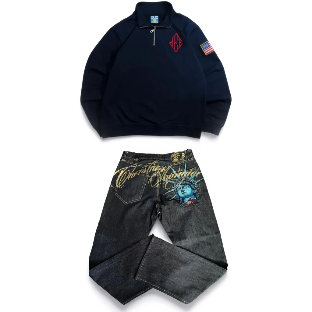 

Винтажные мешковатые джинсы со статуей Свободы и бриллиантами Epstein, пуловер на четверть, толстовки, комплект из двух предметов, спортивный костюм унисекс, мужская одежда