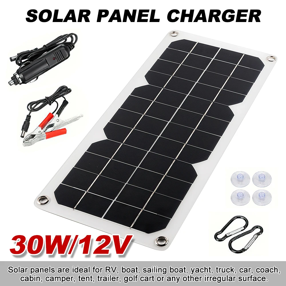 30W DC12V Portable Solar Panel USB5V Solar Plate Safe Charge Solar Panel Kit Battery Charger for Caravan Tourism Camping Hiking