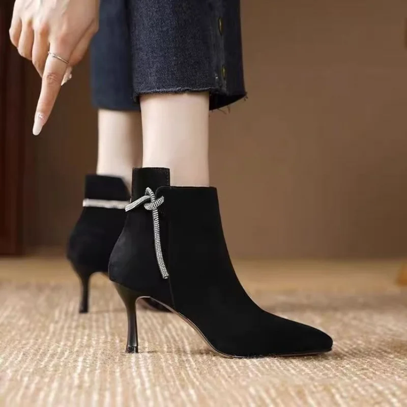 2025 New Women's Autumn/Winter High Heels - Pointed-Toe Sexy Rhinestone Ankle Boots, Elegant Slim-Heel Dress Boots for Office