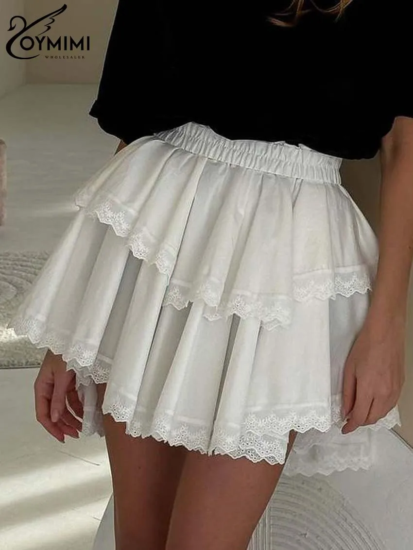 Oymimi Fashion White Lace Women\'s Skirt Elegant New High Waisted Pleated Skirts Autumn Casual Cotton Mini Skirt Female Clothing