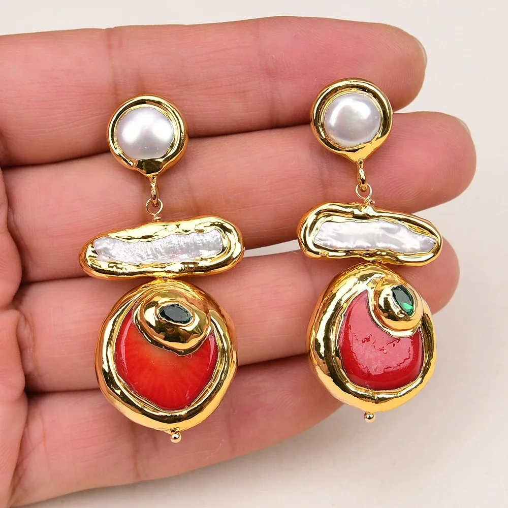 

Natural Red Coral Gold Edge Plated Green CZ Crystal Pave White Biwa Pearl Dangle Earrings Lady Coral Jewelry Gifts