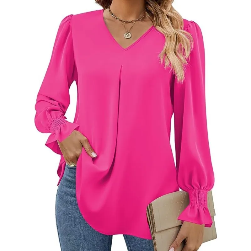 Women\'s New Solid Color Chiffon Shirt V-neck Pullover Flared Long Sleeved Shirt Pleated Orange Comfortable Casual Versatile Top