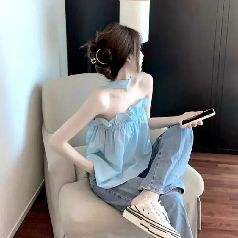 

Камзол женский с лямкой на шее, летние кавайные эстетические праздничные женские топы без рукавов в стиле Харадзюку с оборками, универсальные повседневные топы для милых девочек