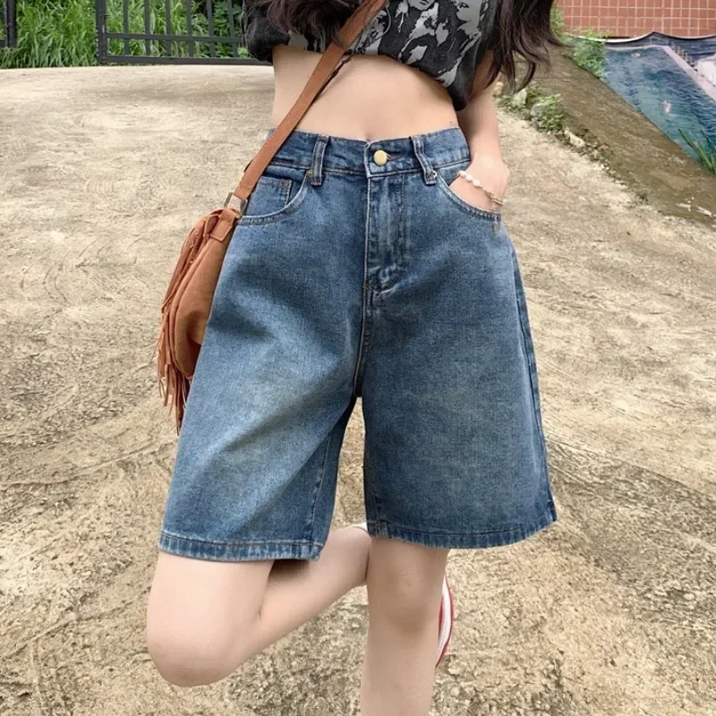

Pop Y2k Baggy Shorts Pants Women Summer Vintage Blue Wide Leg Denim Short Korean Fashion Casual Female Knee Length Jeans Mujer