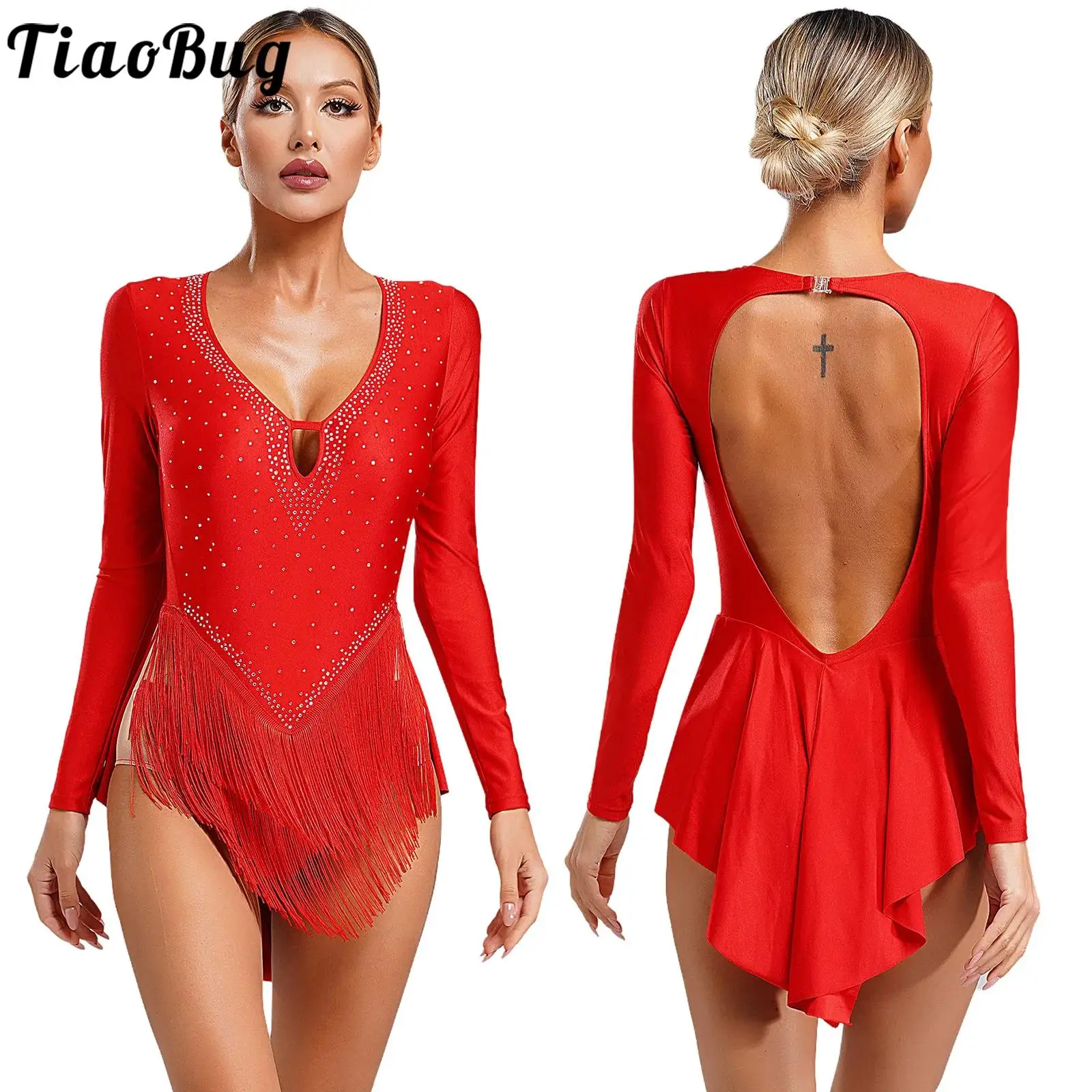 

Women Leotard Tassel Dance Latin Dress Salsa Ballrooms Dance Long Sleeve Rhinestones Backless Fringe Skirted Bodysuit Dancewear