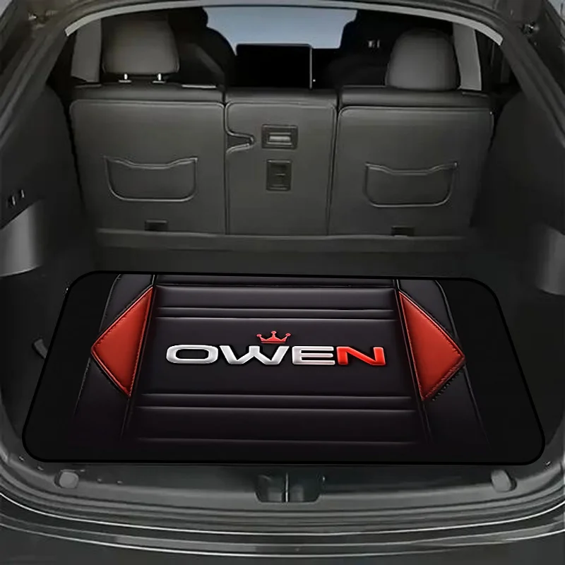 1pc Stylish Car Trunk Mat WithBlack Padded Seat With Red Stitched Accents And 'OWEN' Logo (White 'OWE' With Red 'N' And Crown)-
