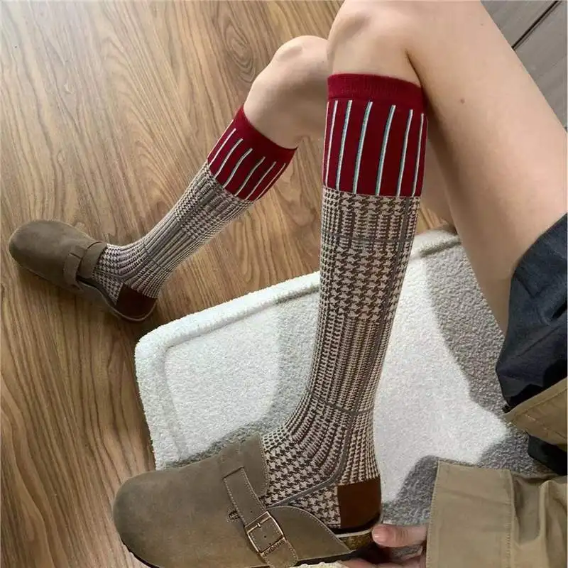 Women's Mid-Calf Socks Color-Block Checkered Birdseye Autumn Socks Fashionable Funny Versatile Socks Simple Elegant Breathable