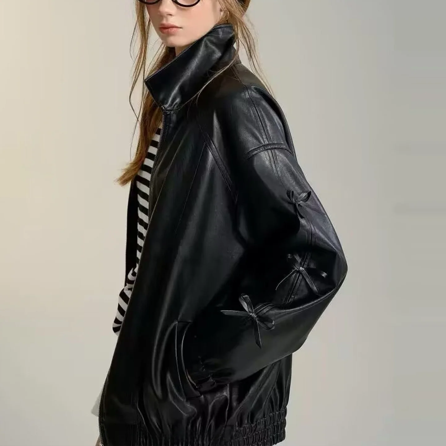 Faionable Knot Leather Jaet Damen Trendy Oberbekleidung Street Sle Loose Fit Long Sve Reißverschluss Mantel