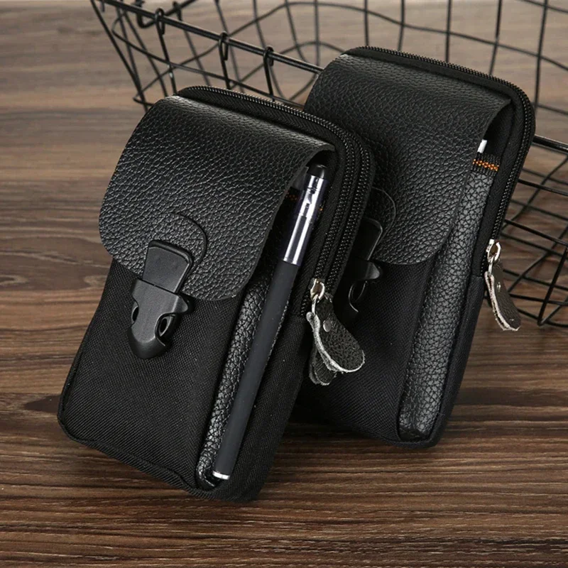 Mobile Phone Bag Pu Leather Double Zipper Men\'s Waist Bag Coin Purse Outdoor Male Waist Bag