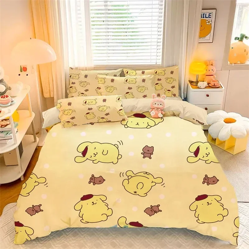 Sanrio Kawaii POM Purin ผ้าคลุมผ้านวมอะนิเมะที่ถอดออกได้ถ้วยป้องกันสกปรกนุ่มชุดนอนสไตล์เกาหลีน่ารัก