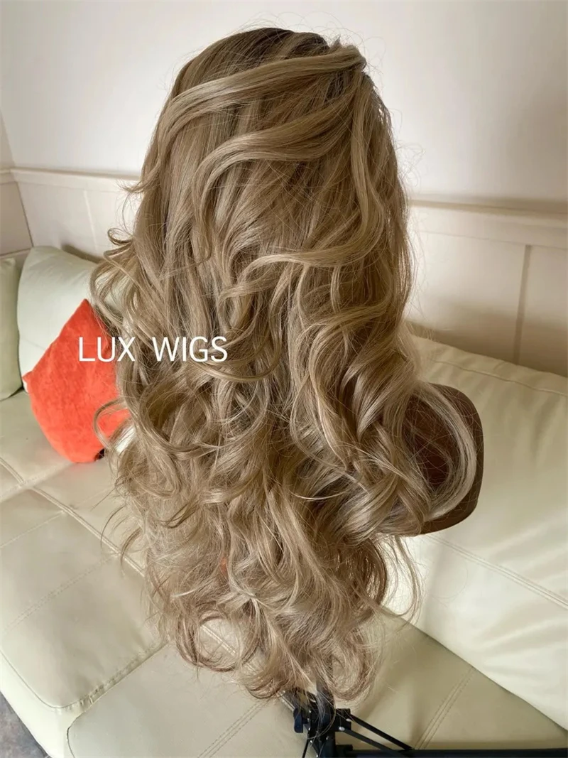 Perruque de luxe en dentelle blonde sale reflets dorés mélange synthétique perruques de cheveux longue grande vague perruque Ombre racines brunes dames perruque pas cher