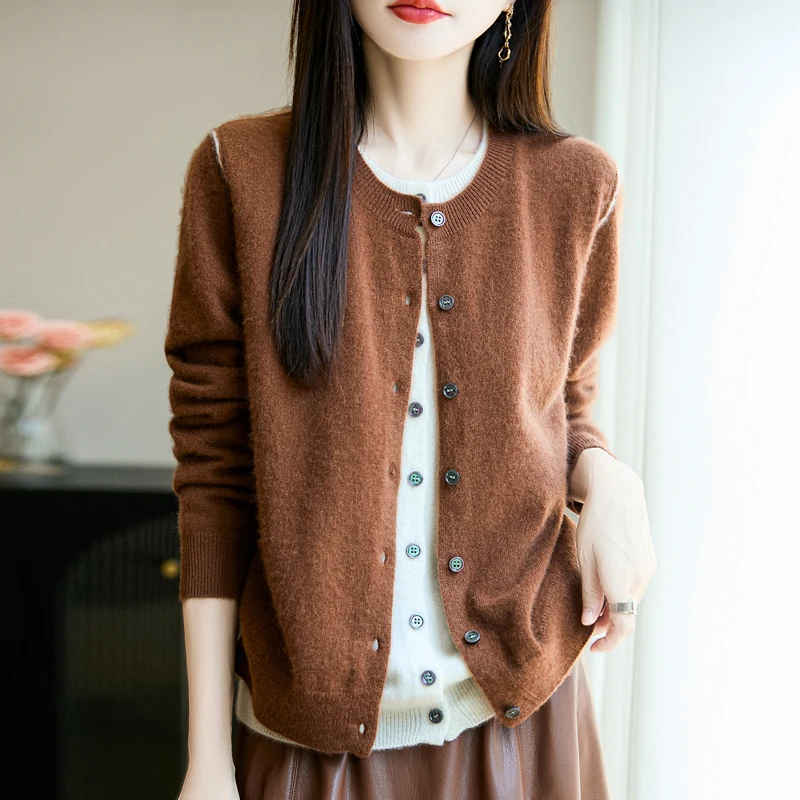 

MEELEX Elegant Women 100% Merino Wool Sweater Fake Two-Pieces O-neck Cardigan Tops Comfy Chic Autumn Winter Warm Knitted Blouse