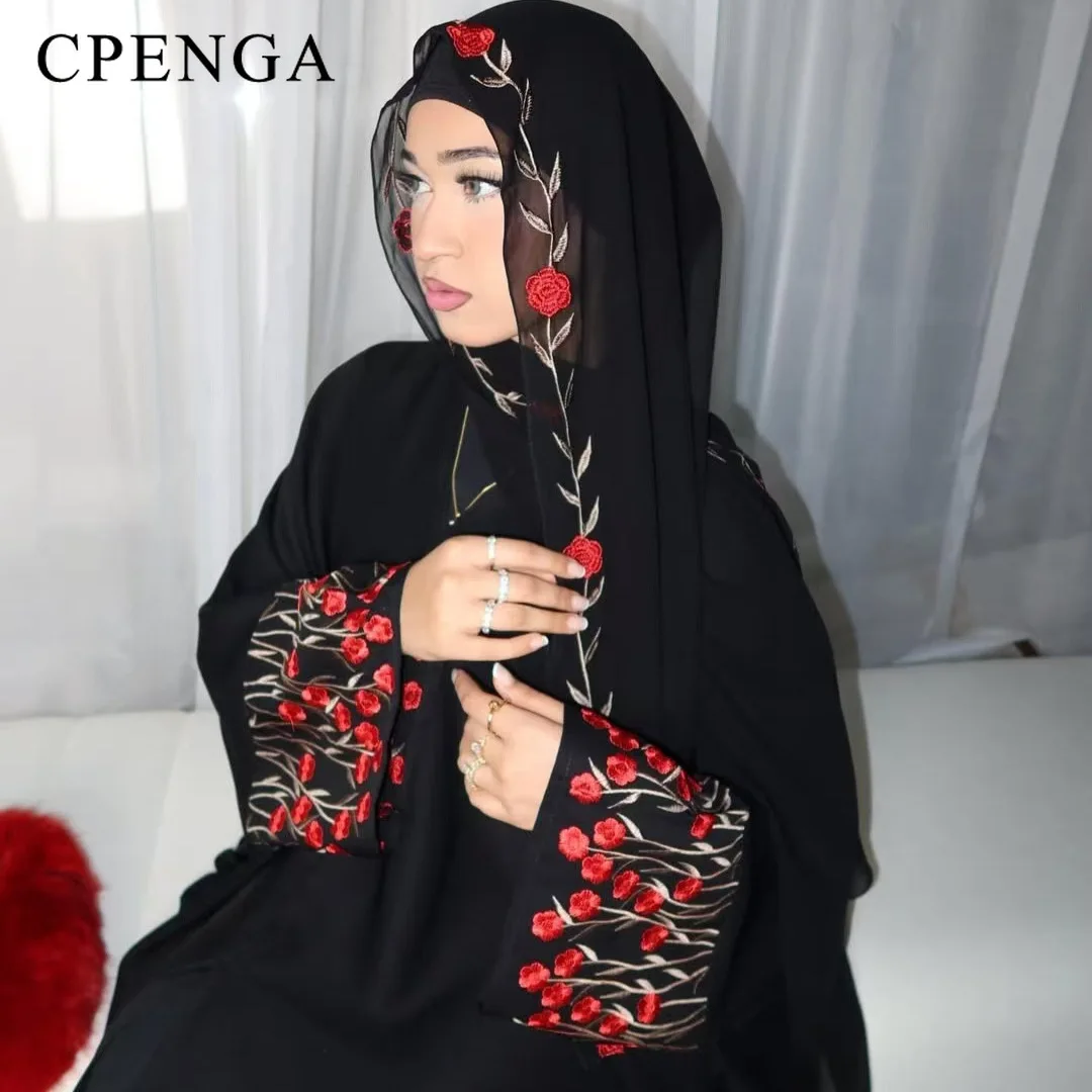 Luksusowy kardigan z haftowanymi rękawami dla muzułmańskich kobiet Ramadan Modest Abaya Dress with Hijab Elegant Islamic Party Turkish Outfit