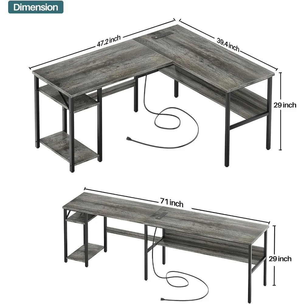 L Shaped Desk com Tomadas Mágicas e Portas de Carregamento USB, Canto Robusto, L Shaped Computer Desk