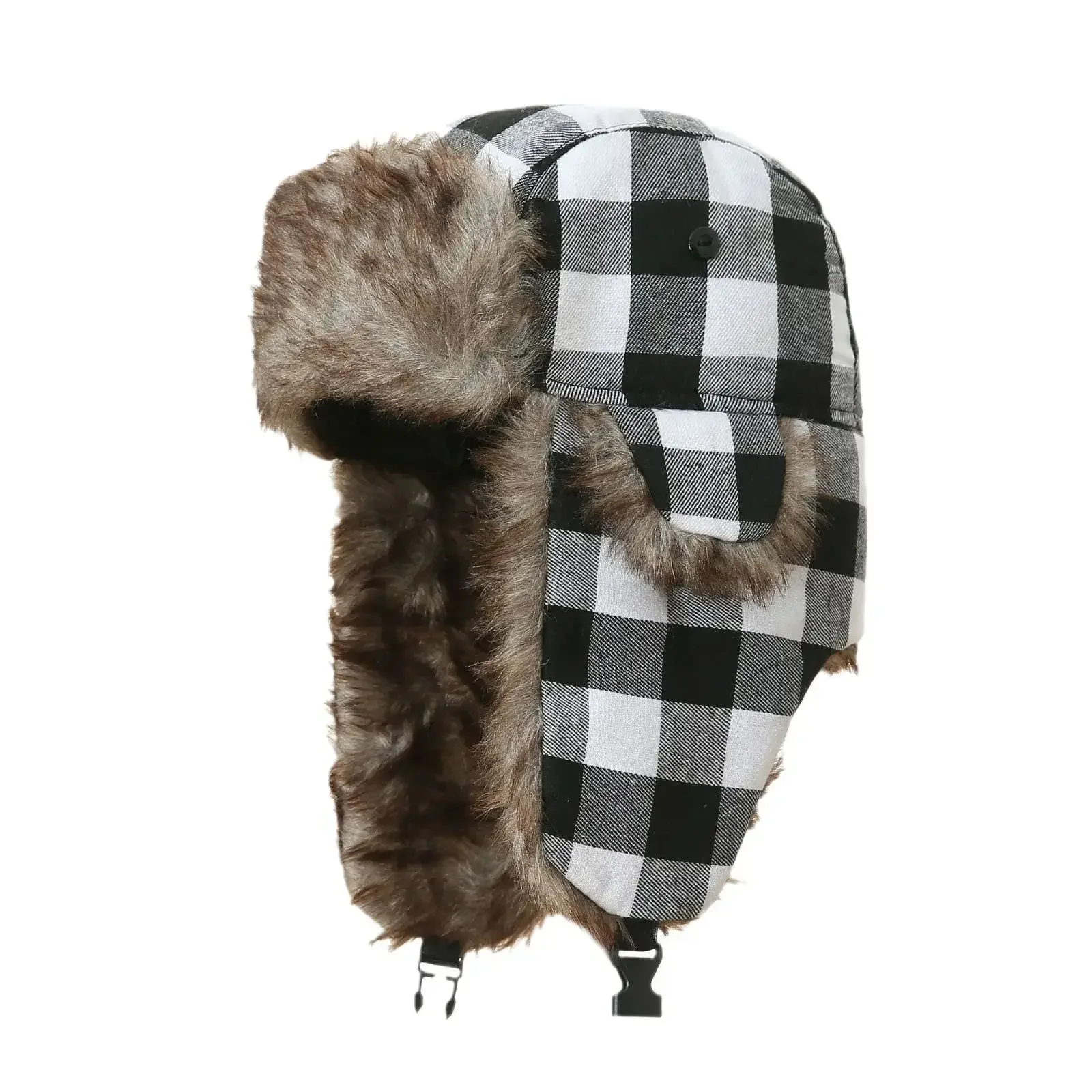 Winter Warm Plaid Aviator Trapper Hat Fleeced Fur Faux Trooper Ear Flap Bomber Russian Winter Skiing Cap