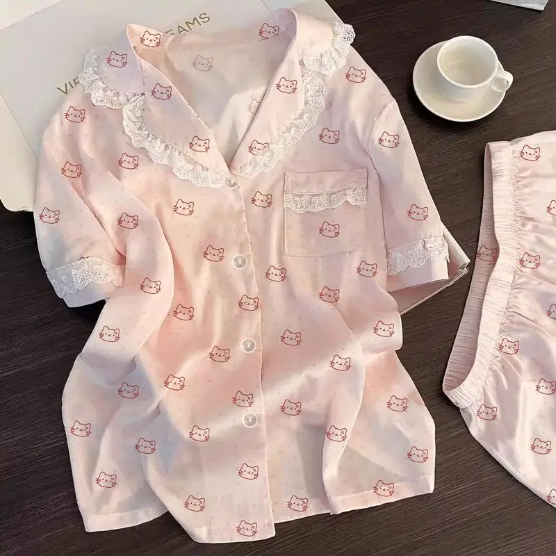 

Нежный и милый комплект пижамы с короткими рукавами и шортами для женщин, летний, тонкий и удобный домашний костюм, приятный для кожи и мягкий.