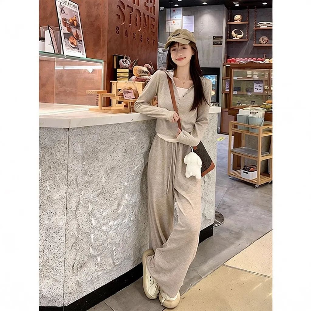 New Autumnal Women's Casual Sportswear Set Fake Two-Piece Long Sleeve Top High Waist Wide Leg Pants Comfortable Polyester