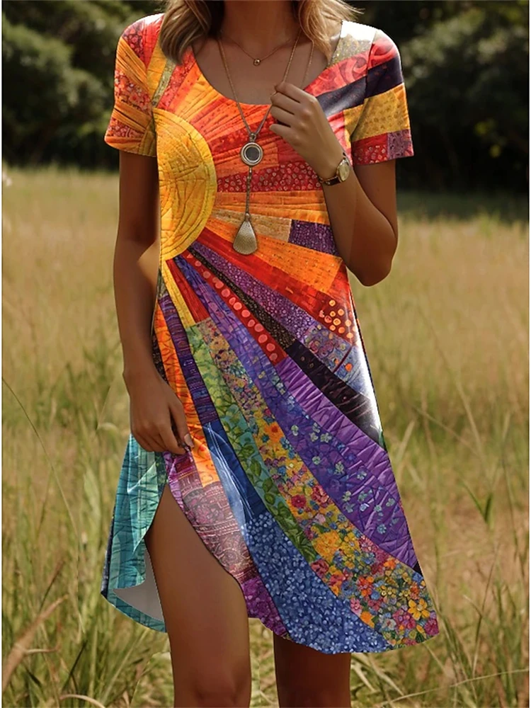 Women's Summer Round-Neck Short-Sleeve Dress Sun Art Texture Print Short-Sleeve Midi Dress Women's Rustic Casual Dress