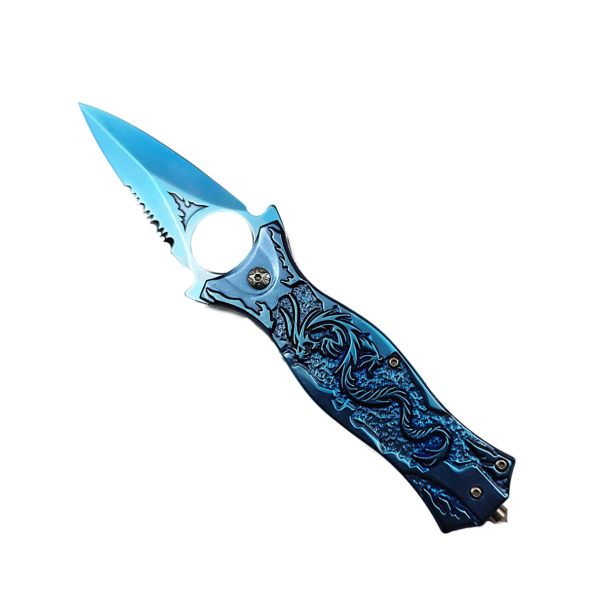 Outdoor Tactical Wild Survival Folding Blade Knife, Blue Stainless Steel Dragon Engraved Handle Fold Knife, Collection Pocket