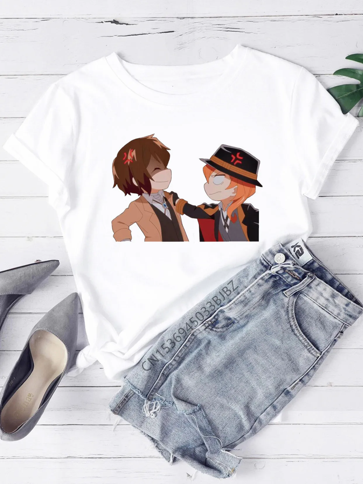 Bungou stray dogs Chuuya Nakahara Osamu Dazai Women Funny Print Ladies T-shirt Girl Y2K Basis O-collar White Shirt Short