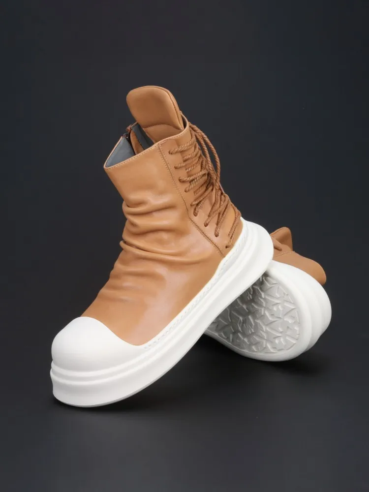 Winter Mens Versatile Comfortable Cow Leather Ankle Boots Round Toe High Top Shoes Business Casual Male Thick Platform Footwear