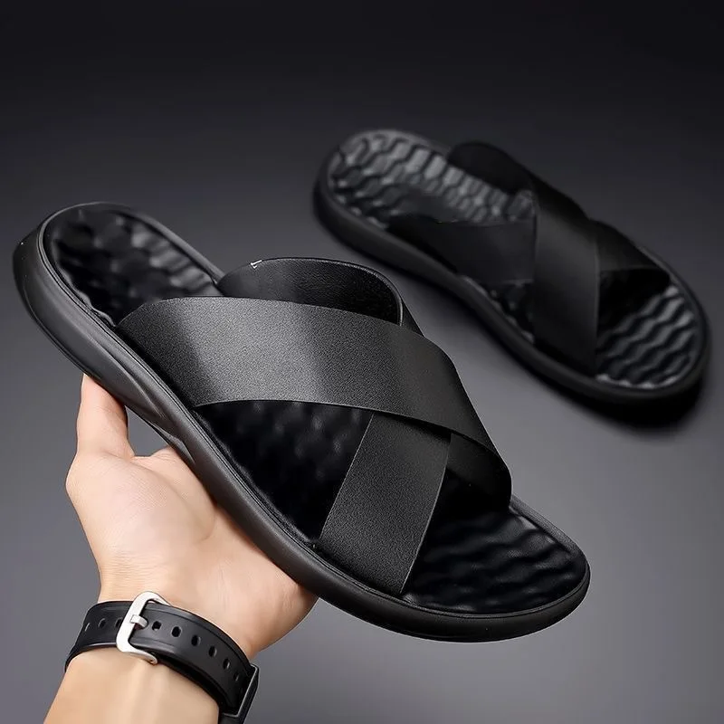 Summer New Shoes for Men Genuine Leather Slippers Street Casual Slides Soft Flat Beach Shoes