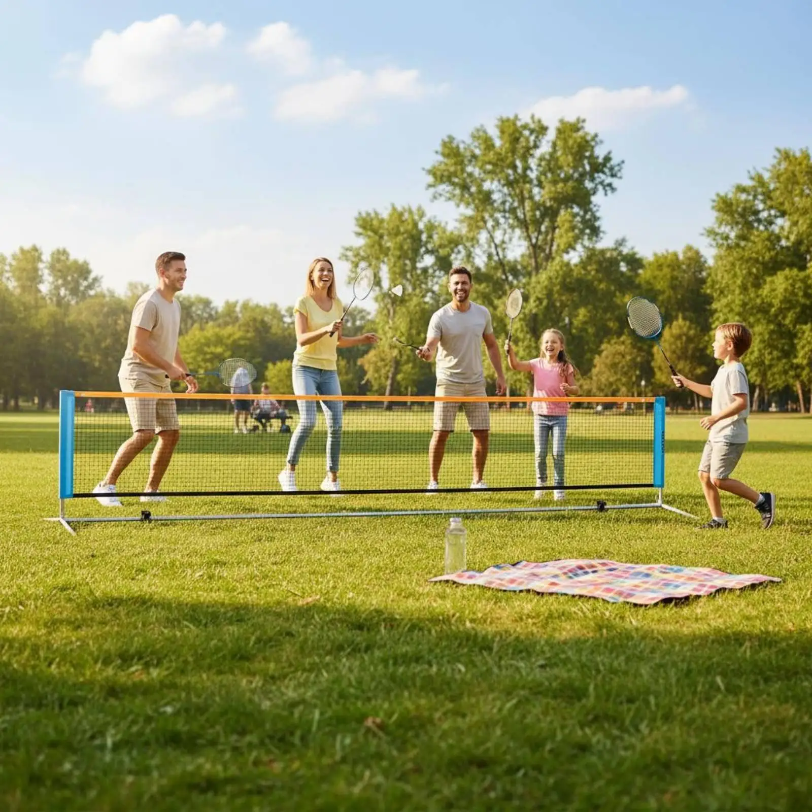 Portable tennis net stand, foldable, height adjustable, quick to assemble