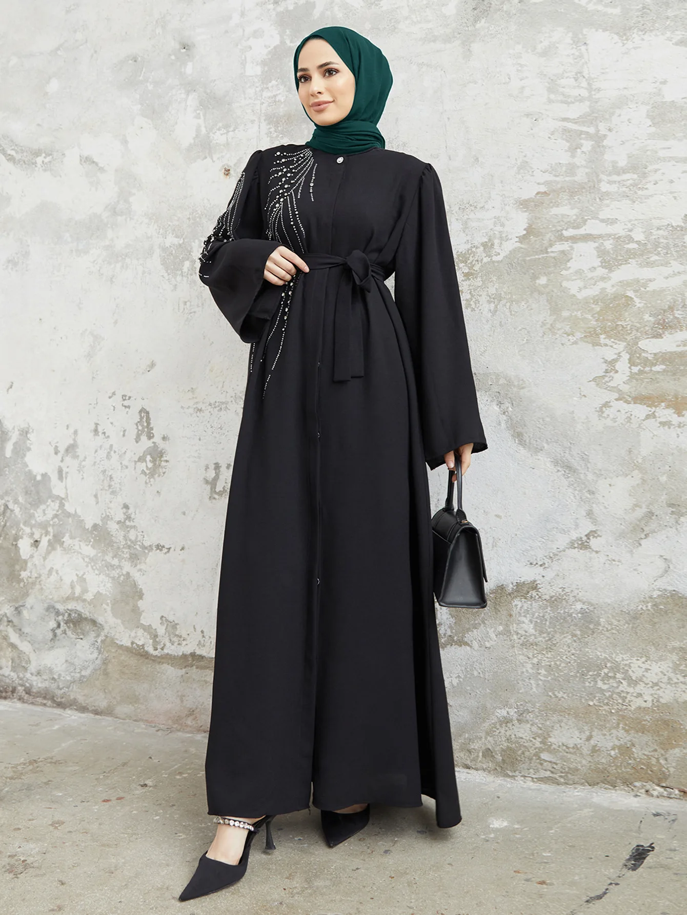 Autumn Women Muslim Dress Long Sleeve O-Neck Sundress Islamic Abaya Robe Diamonds Elegant  Maxi Vestidos Casual Solid Long Dress